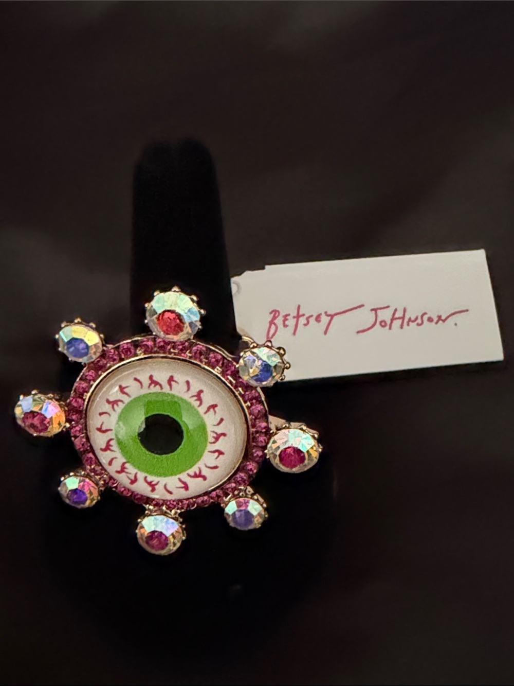 Betsey Johnson Green Eyeball Cocktail Ring with Pink and Iridescent Stones